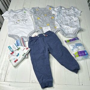 0/3m Disney onesies, MAYRAL sweatpants, NB socks, and NB hats